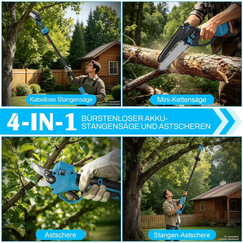 4-in-1 Akku Hochentaster Set 600W, Teleskopstange 1,05-1,7 m, Arbeitshöhe bis 4 m, 6 Zoll Mini-Kettensäge & Gartenschere, mit 2x 2,0Ah Akku