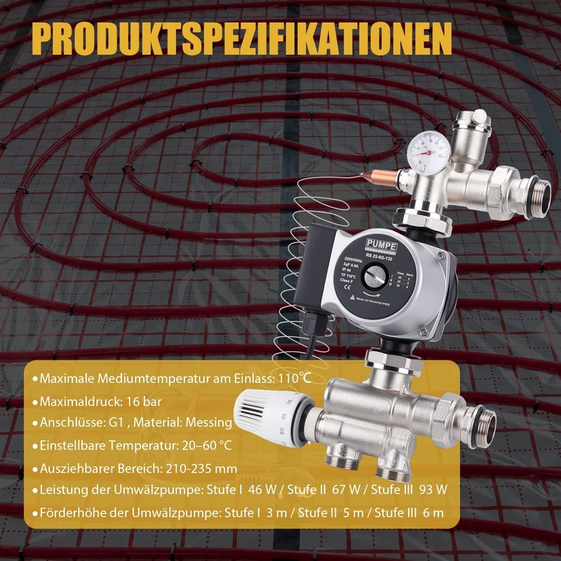 XIIW Festwertregelset für Fußbodenheizung mit Mischventil, Umwälzpumpe & Thermostat