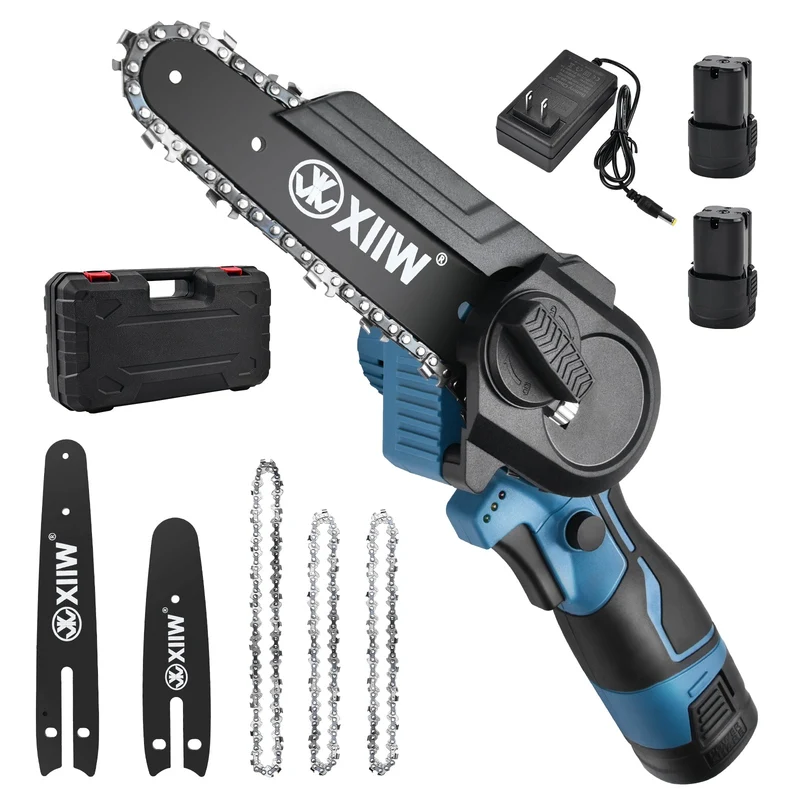 XIIW Akku Mini-Kettensäge 350 W, 4/6 Zoll, 7 m/s, 2 x 1,5 Ah Akkus, Akku-Astsäge mit werkzeugloser Kettenspannung