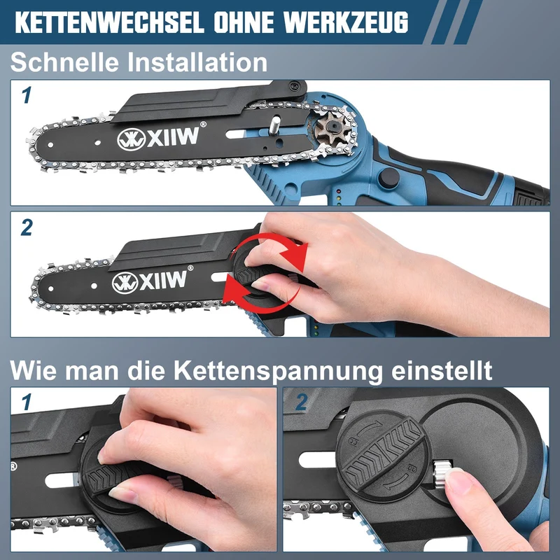 XIIW Akku Mini-Kettensäge 350 W, 4/6 Zoll, 7 m/s, 2 x 1,5 Ah Akkus, Akku-Astsäge mit werkzeugloser Kettenspannung