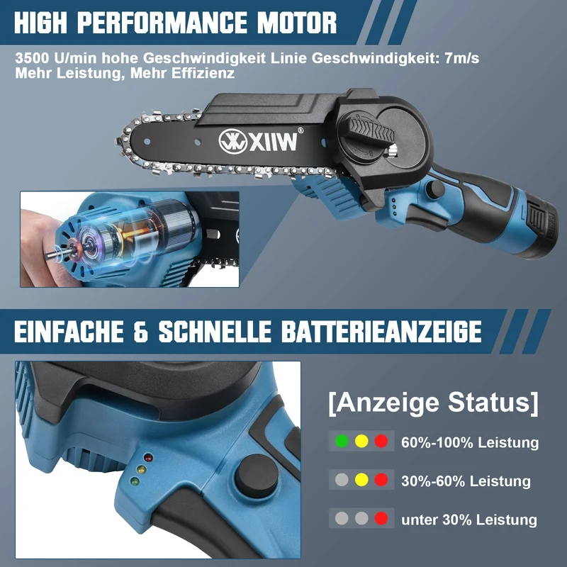 XIIW Akku Mini-Kettensäge 350 W, 4/6 Zoll, 7 m/s, 2 x 1,5 Ah Akkus, Akku-Astsäge mit werkzeugloser Kettenspannung