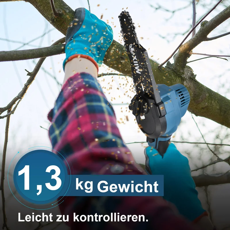 XIIW Akku Mini-Kettensäge 350 W, 4/6 Zoll, 7 m/s, 2 x 1,5 Ah Akkus, Akku-Astsäge mit werkzeugloser Kettenspannung