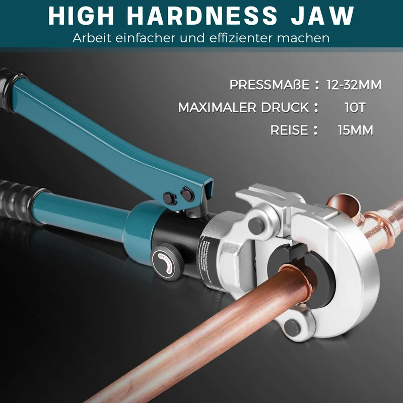 XIIW Hydraulische Rohrpresszange 100kN mit 5 V-Matrizen – Profi Presszange für Kupfer- & Edelstahlrohre 12–28mm inkl. Rohrabschneider