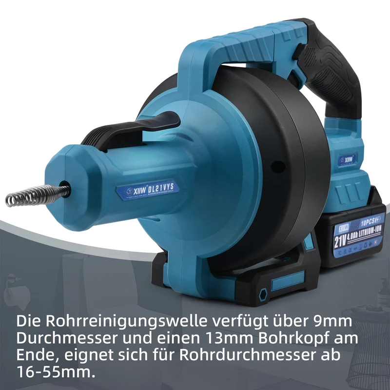 XIIW 21V Akku Rohrreinigungsmaschine mit 2x 4,0Ah Akku & Ladegerät – Vollautomatischer Abflussreiniger mit 7,6m Spirale für Rohre Ø19–85mm