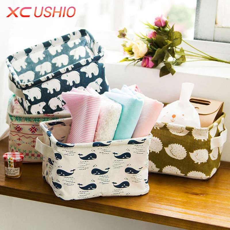 Cute Printing Cotton Linen Desktop Storage Organizer Sundries Storage Box Cabinet Underwear Storage Basket Fast Shipping