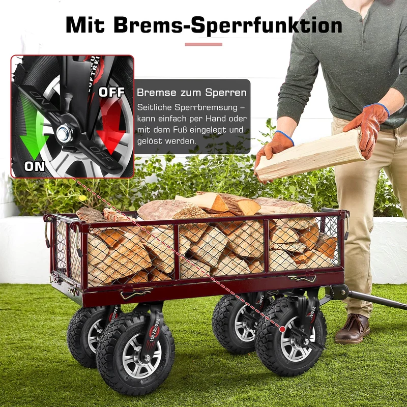 XIIW Schwerlastrollen 250 mm 4er Set mit Bremse – Luftbereifte Lenkrollen 170 kg pro Rolle, 360° drehbar, für Werkstatt, Transportwagen & Gartenwagen