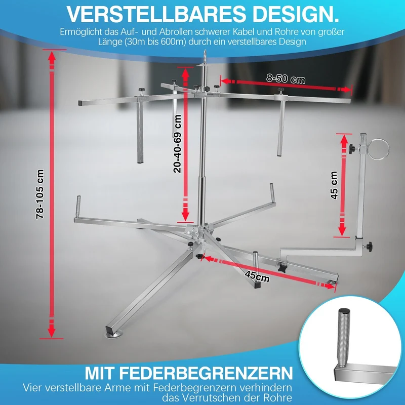 XIIW Profi Rohrabroller 200kg Tragkraft | Fußbodenheizung Rohrhaspel aus DC03 Stahl | Verstellbarer Abroller für PEX-Rohre & Kabel bis 600m