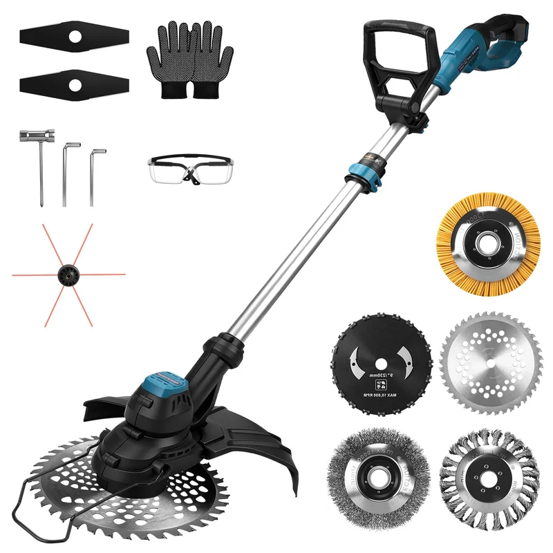 XIIW 980W Akku Rasentrimmer Bürstenlos 14800 U/min Freischneider Unkrautbürste mit Sägeblatt 18V kompatibel Garten Trimmer Multitool