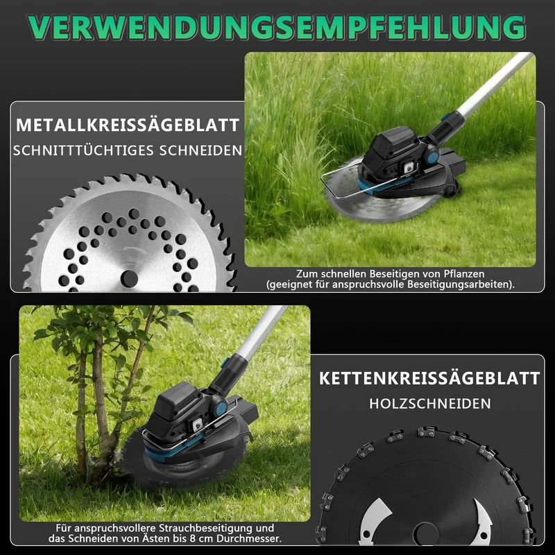 XIIW Akku Rasentrimmer 18V Bürstenlos mit Unkrautbürste, Sägeblatt & Metallmesser, Freischneider Akku kompatibel, Teleskopstiel 100–140 cm