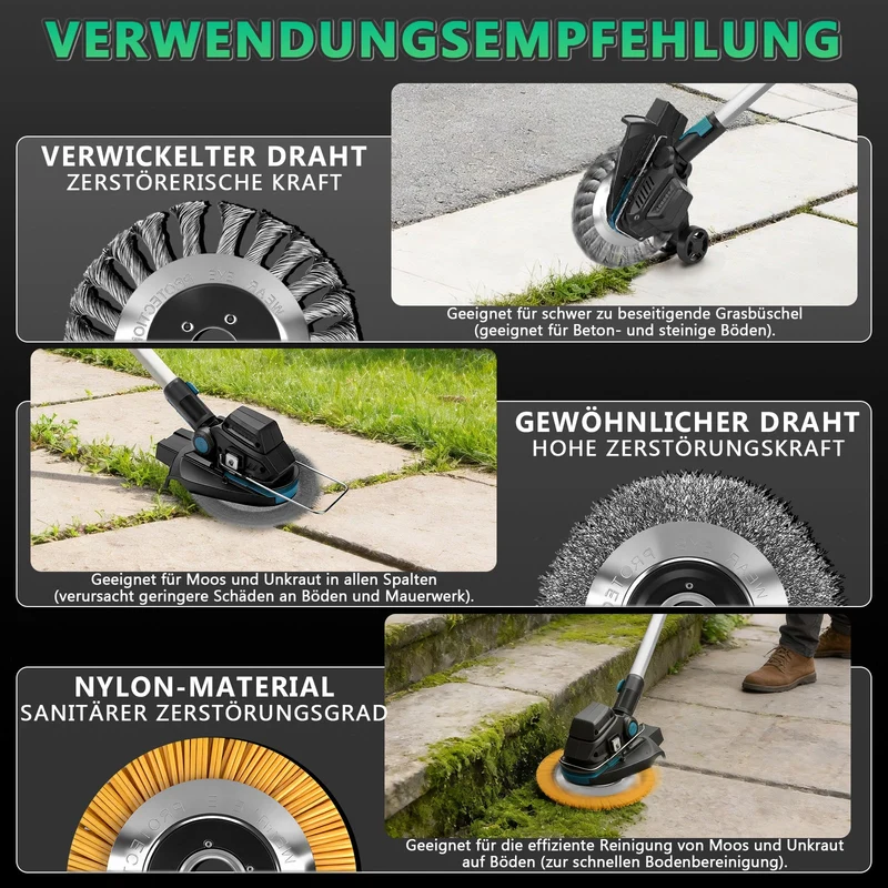 XIIW Akku Rasentrimmer 18V Bürstenlos mit Unkrautbürste, Sägeblatt & Metallmesser, Freischneider Akku kompatibel, Teleskopstiel 100–140 cm