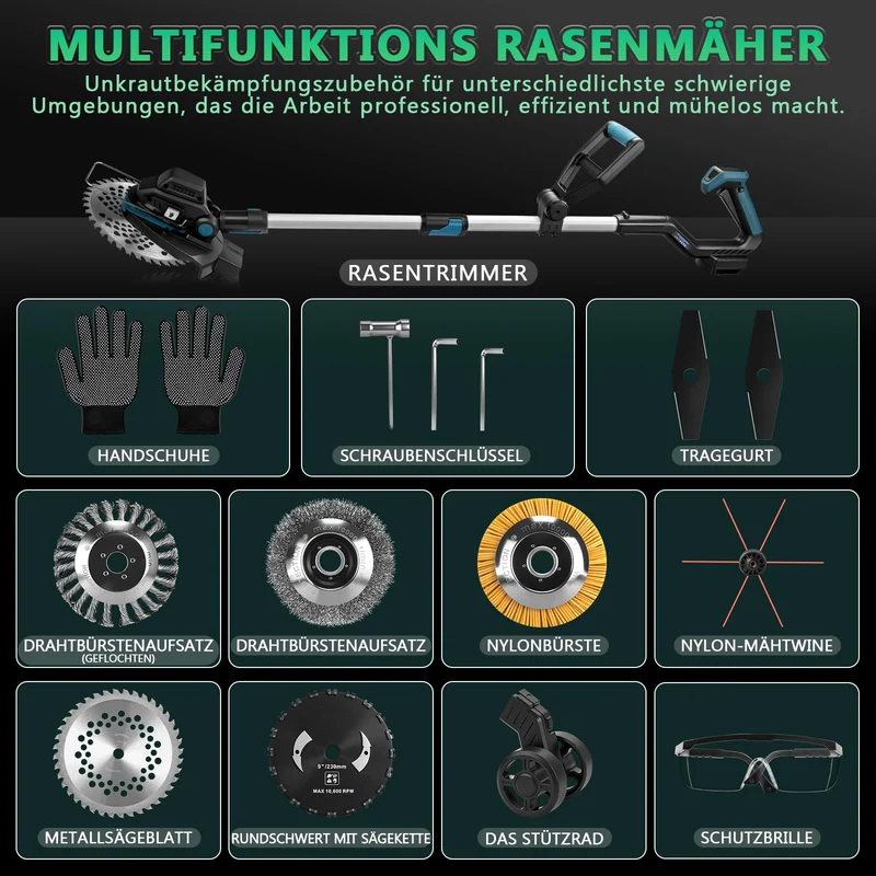 XIIW Akku Rasentrimmer 18V Bürstenlos mit Unkrautbürste, Sägeblatt & Metallmesser, Freischneider Akku kompatibel, Teleskopstiel 100–140 cm