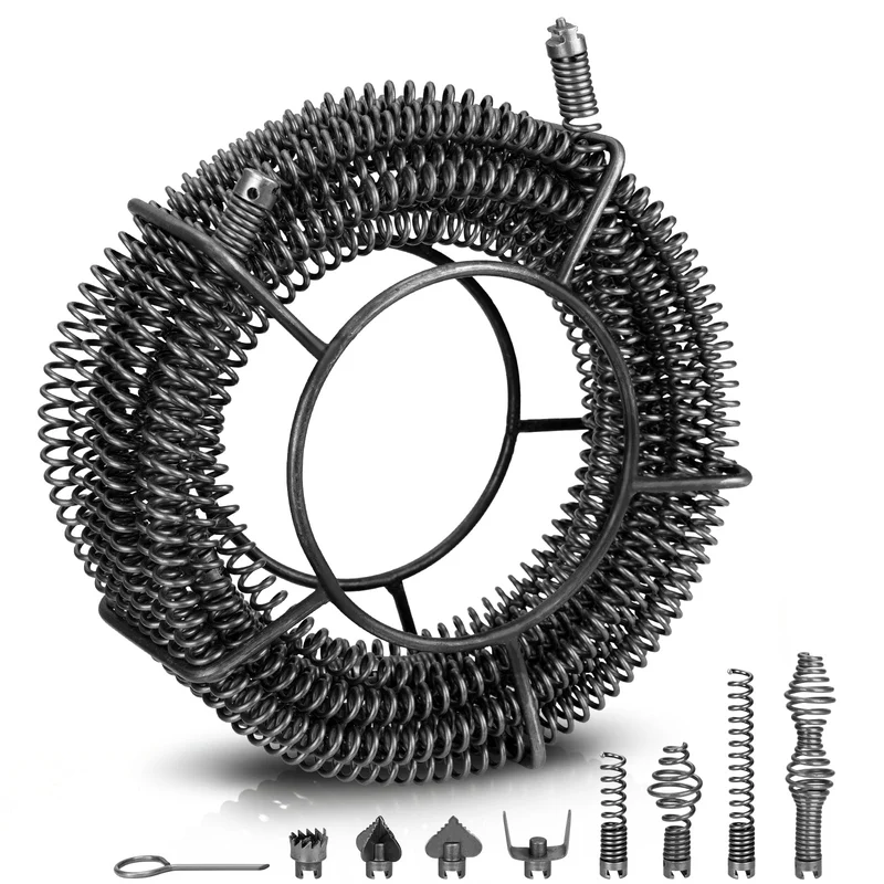 Φ16 mm Rohrreinigungs-Spirale 15m mit Schnellwechsel Schneidkopfset, Manganstahl, Abflussreiniger für Rohre 32–100 mm
