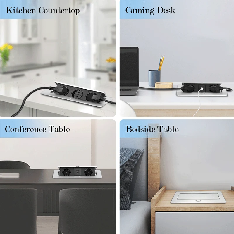 Versenkbare Tischsteckdose 2-fach mit 2x USB | Pop-Up Einbausteckdose Aluminium | 223x110mm Lochmaß