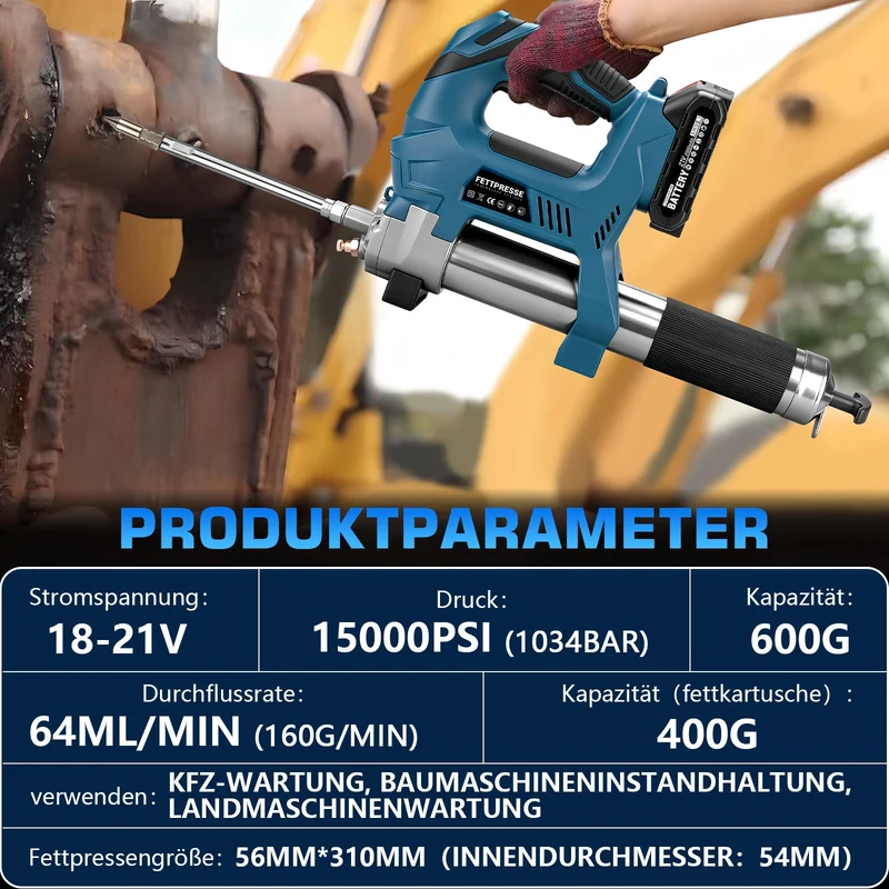 Profi Akku-Fettpresse 15000 PSI mit Digitalem Mengenzähler | Komplett-Set inkl. 2 Akkus & Koffer
