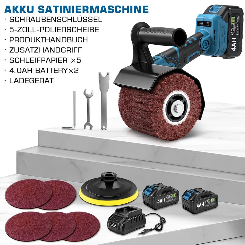 XIIW 3-in-1 Akku-Satiniermaschine 1200W, Bürstenschleifer & Poliermaschine, 2×4,0Ah Akkus, 5500–9000 U/min, M14