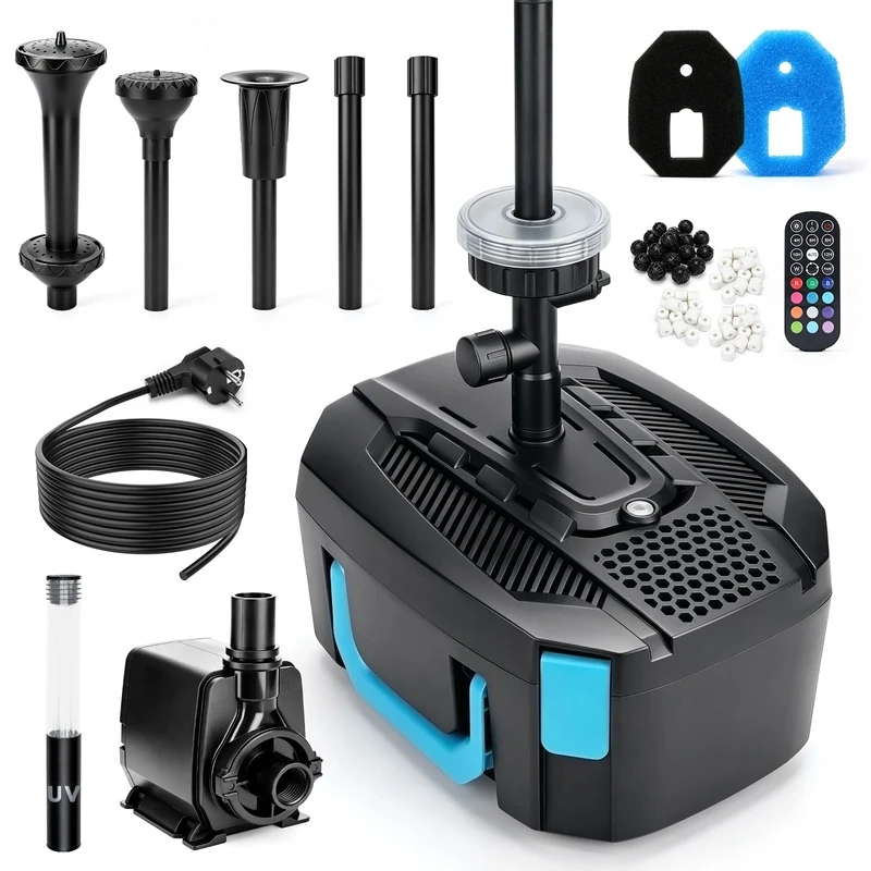 XIIW Teichfilter mit UVC, 45W-Pumpe 3000 l/h, RGB-Licht, 3 Springbrunnendüsen & Wasserfall