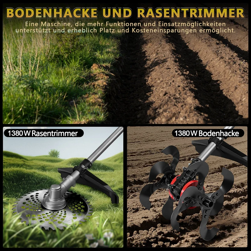 2-in-1 Akku Freischneider mit Bodenhacke 18-21V, 1380W, 23cm Arbeitsbreite, 2x 4.0Ah Akku, 7 Schneidwerkzeuge