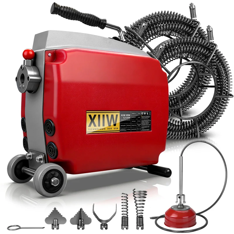 Elektrische Rohrreinigungsmaschine 1250W mit 14m Ø22mm Manganstahlfeder & Schneidköpfen Profi 20–200mm