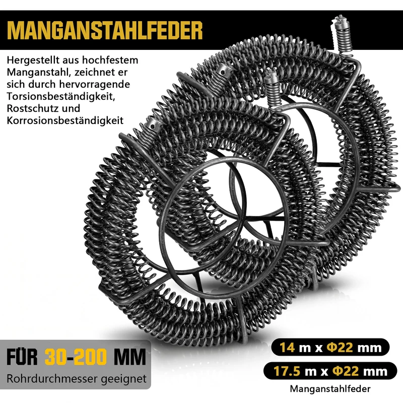 Elektrische Rohrreinigungsmaschine 1250W mit 14m Ø22mm Manganstahlfeder & Schneidköpfen Profi 20–200mm