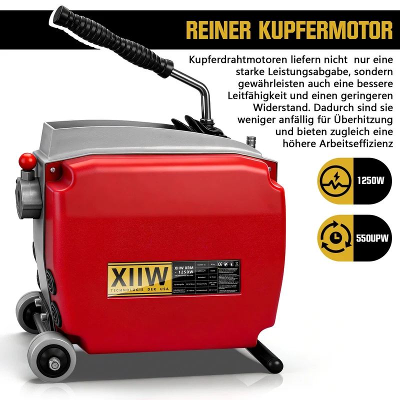 Elektrische Rohrreinigungsmaschine 1250W mit 22mm Spirale 17,5m Rohrreiniger elektrisch für 20–200mm Rohre Abflussreiniger Profi