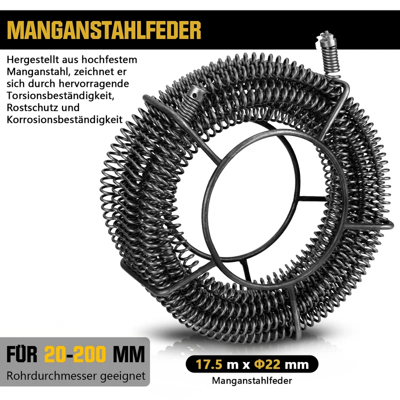 Elektrische Rohrreinigungsmaschine 1250W mit 22mm Spirale 17,5m Rohrreiniger elektrisch für 20–200mm Rohre Abflussreiniger Profi