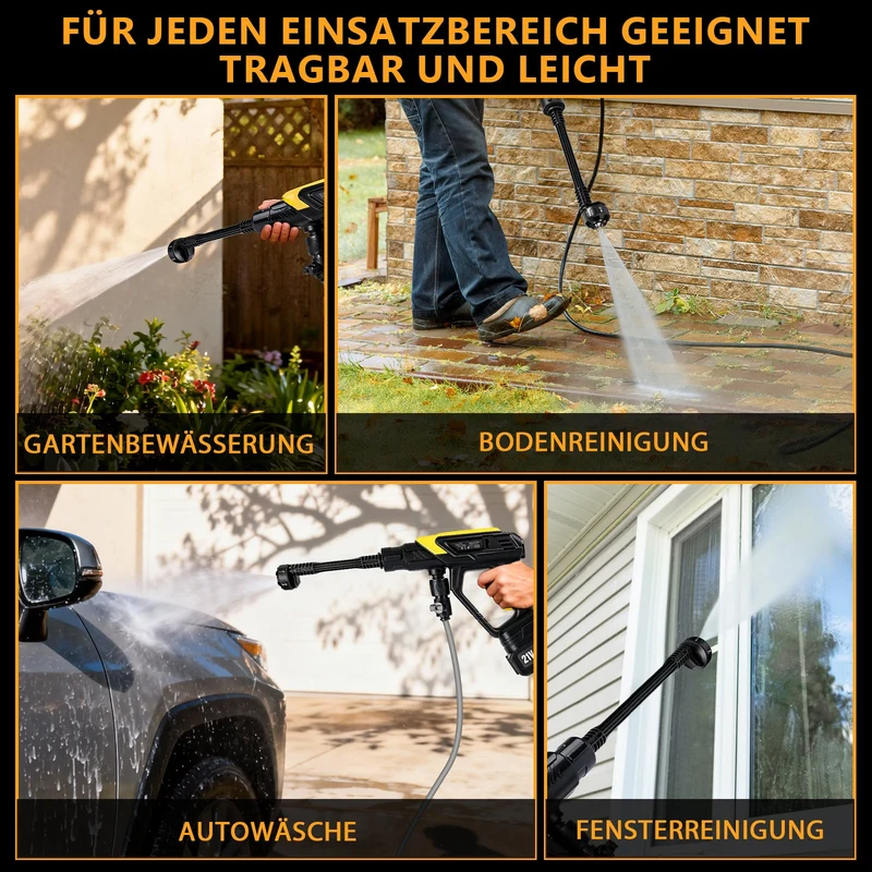 XIIW Akku-Hochdruckreiniger 45 Bar 300W, 2×21V 4,0Ah Akkus, 6-in-1 Düse, 5m Schlauch, mobiler Druckreiniger