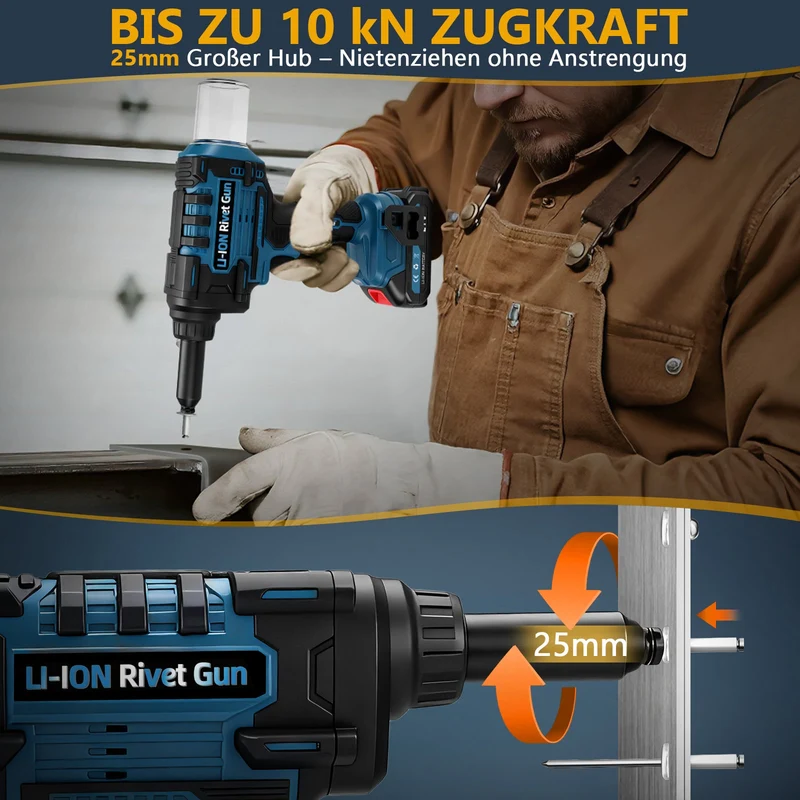 21V Cordless Rivet Gun Brushless 10kN Electric Rivet Tool for Aluminum Steel Stainless Steel