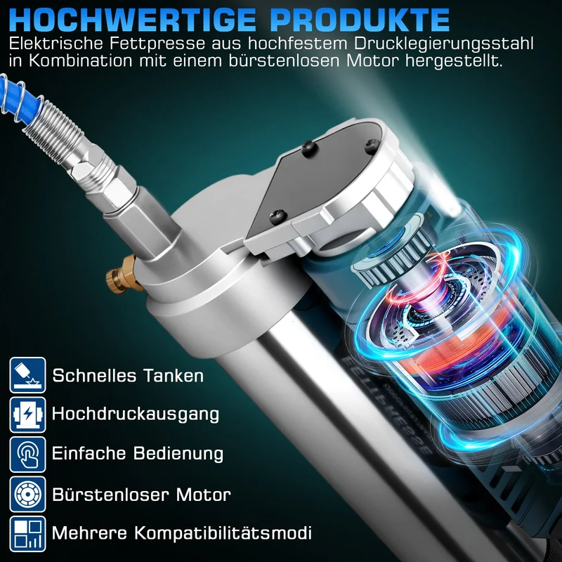 Akku Fettpresse 12000 PSI Hochdruck, 2-in-1 Griff, LED, 600g Kapazität, kabellos