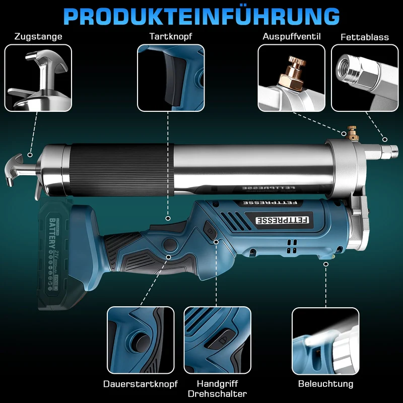 Akku Fettpresse 12000 PSI Hochdruck, 2-in-1 Griff, LED, 600g Kapazität, kabellos