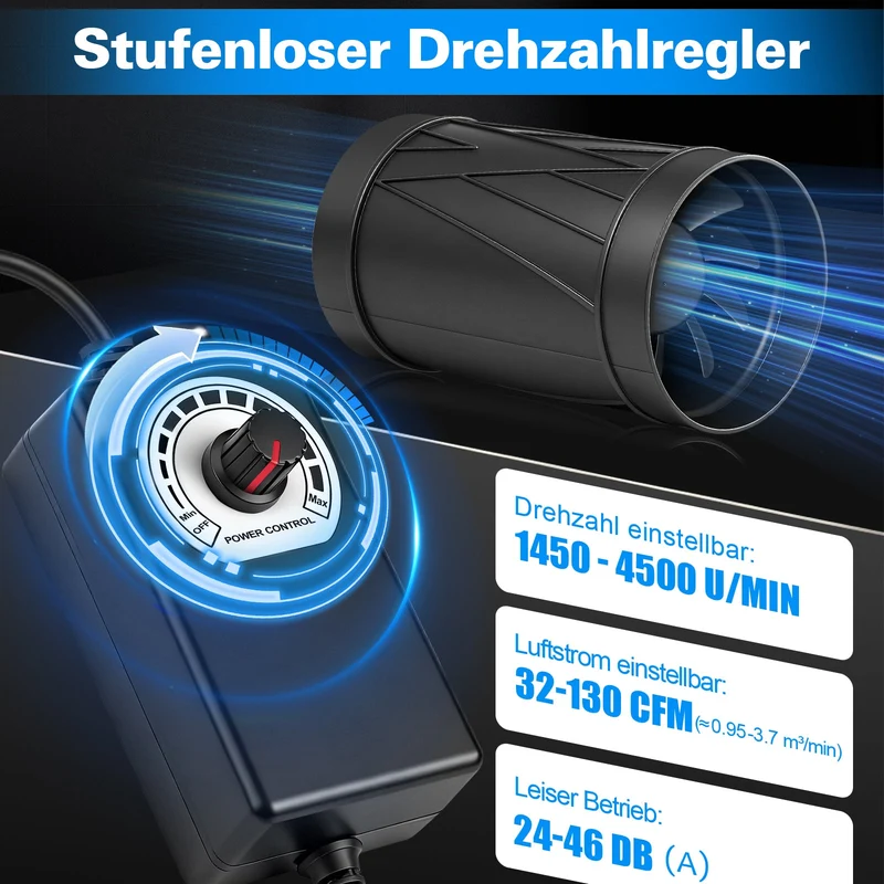 100mm Rohrventilator mit stufenloser Drehzahlregelung – Leiser, energiesparender Abluftventilator für Küche, Bad & kleine Räume