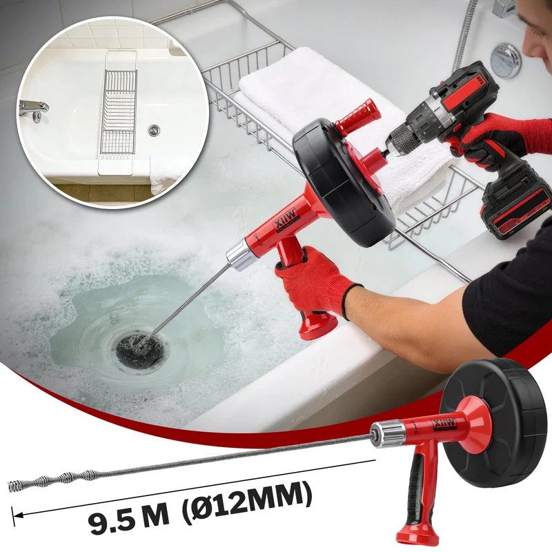 500W Rohrreinigungsgerät mit Manuell- und Bohrerantrieb, 9,5m Spirale, für Haushalt Abflussreinigung