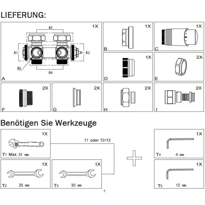 Messing Heizkörper Ventilset Weiß mit Thermostat – 1/2" & 3/4" Anschlüsse