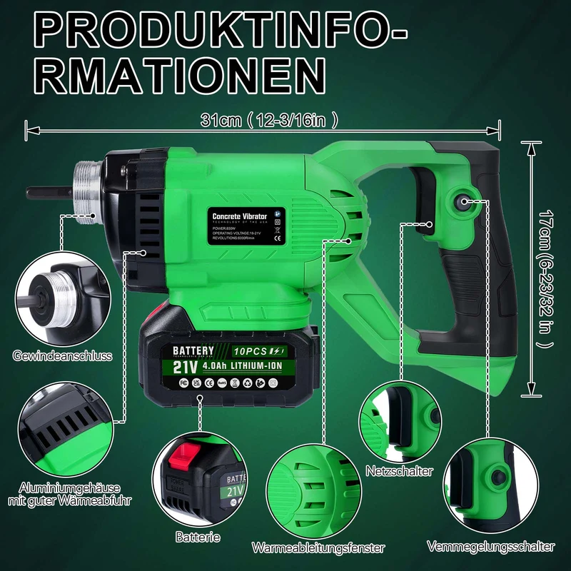 XIIW Kabelloser Betonrüttler mit starkem 850W Kupfermotor. Kompatibel mit 18V Akkus. Für dichten, stabilen Beton.