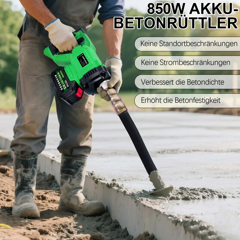 XIIW Kabelloser Betonrüttler mit starkem 850W Kupfermotor. Kompatibel mit 18V Akkus. Für dichten, stabilen Beton.