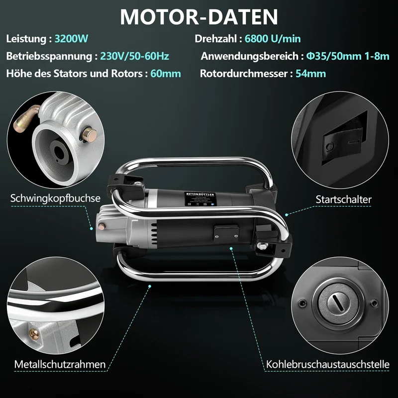 3200W Betonrüttler mit 50mm Vibrierkopf & 6m Weichwelle – Profi Betonverdichter