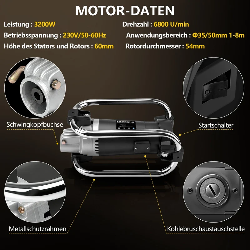 Betonrüttler 3200W mit 35mm Vibrationskopf und 4m flexibler Welle für Betonverdichtung