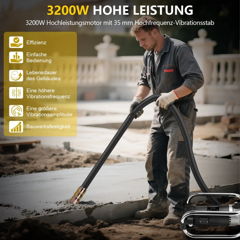Betonrüttler 3200W mit 35mm Vibrationskopf und 4m flexibler Welle für Betonverdichtung