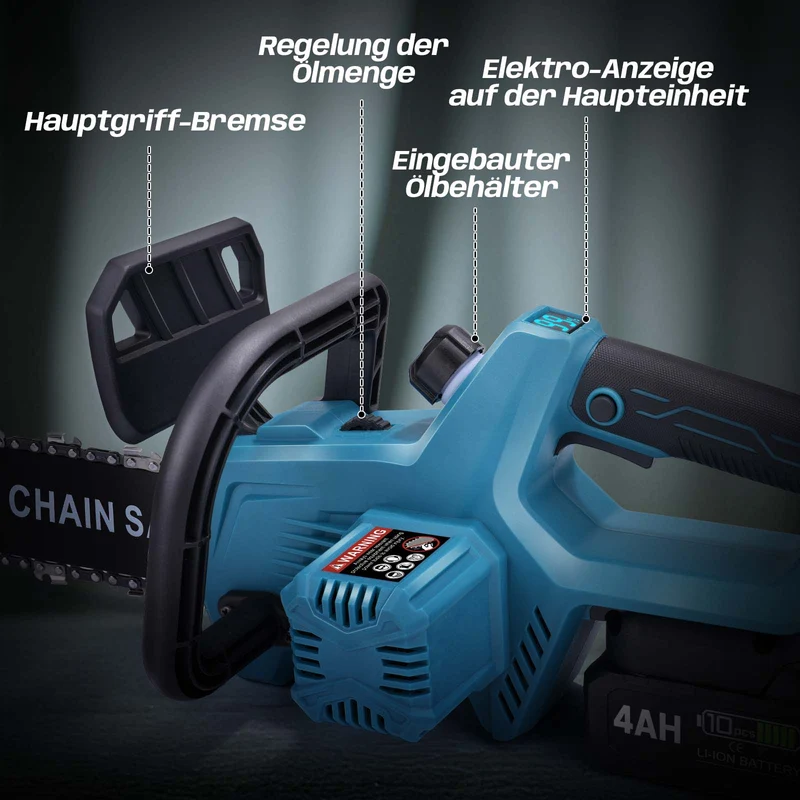 XIIW Akku-Kettensäge 12 Zoll mit 2×4,0-Ah-Akkus – 1000 W bürstenlos, 20 m/s, automatische Ölung, werkzeuglose Spannung
