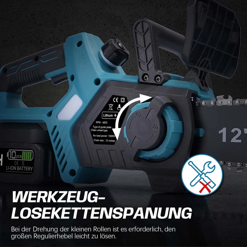 XIIW Akku-Kettensäge 12 Zoll mit 2×4,0-Ah-Akkus – 1000 W bürstenlos, 20 m/s, automatische Ölung, werkzeuglose Spannung
