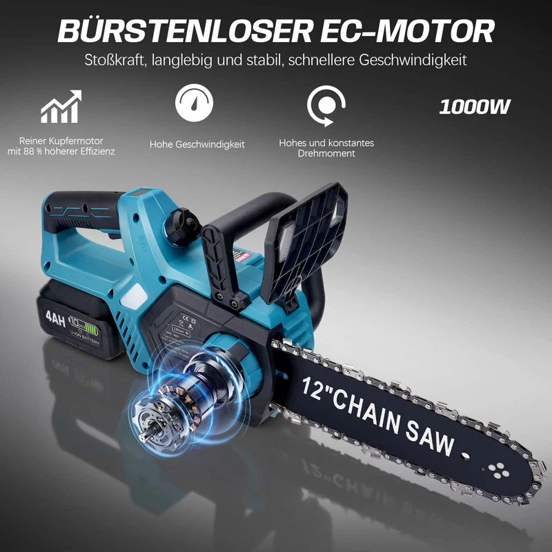 XIIW Akku-Kettensäge 12 Zoll mit 2×4,0-Ah-Akkus – 1000 W bürstenlos, 20 m/s, automatische Ölung, werkzeuglose Spannung