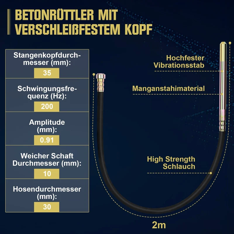 1800W Akku Betonrüttler für Baustelle – Hochleistungsbetonvibrator mit 2m Schlauch und 35mm Vibrationskopf