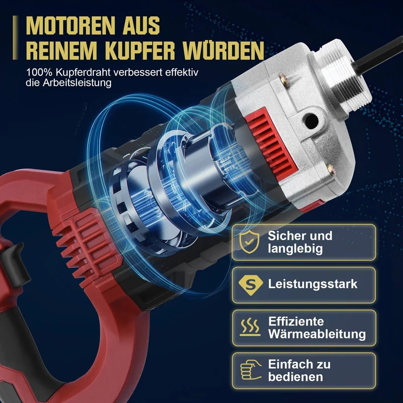 1800W Akku Betonrüttler für Baustelle – Hochleistungsbetonvibrator mit 2m Schlauch und 35mm Vibrationskopf