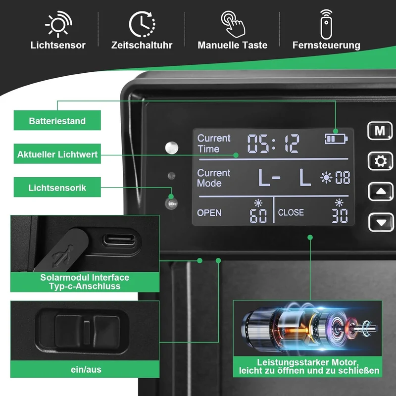 Automatische Hühnerstalltür – Solarbetrieben, Timer & LED Display, Anti-Quetsch-Schutz für Hühner & Enten