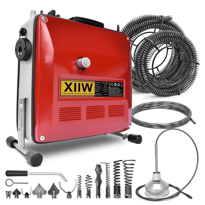 850W Rohrreinigungsmaschine mit 14m Ø22mm,14.5m Ø16mm, 5m Ø10mm Spirale für Ø20-200mm Rohrleitungen 450U/M