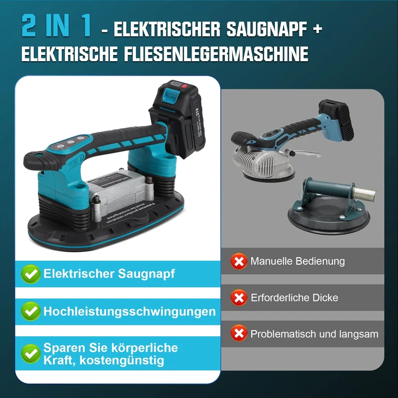 XIIW 2-in-1 Akku Fliesenrüttler mit Vakuumsauger 250 kg – 6 Stufen, 24000 U/min, für Großformatfliesen