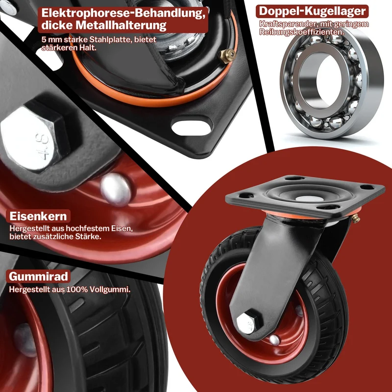 4er-Set 200mm Geländegängige Schwerlastrollen – 2× mit Bremse, 2× drehbar, für Werkstatt, Garten & Transportgeräte