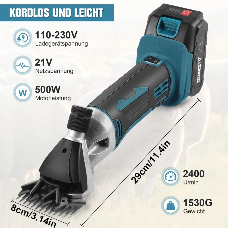 XIIW 500W Akku Schermaschine Set | Profi Tierhaarschneider für Schafe, Alpakas & Hunde | inkl. 2x 2500mAh Akku & Koffer