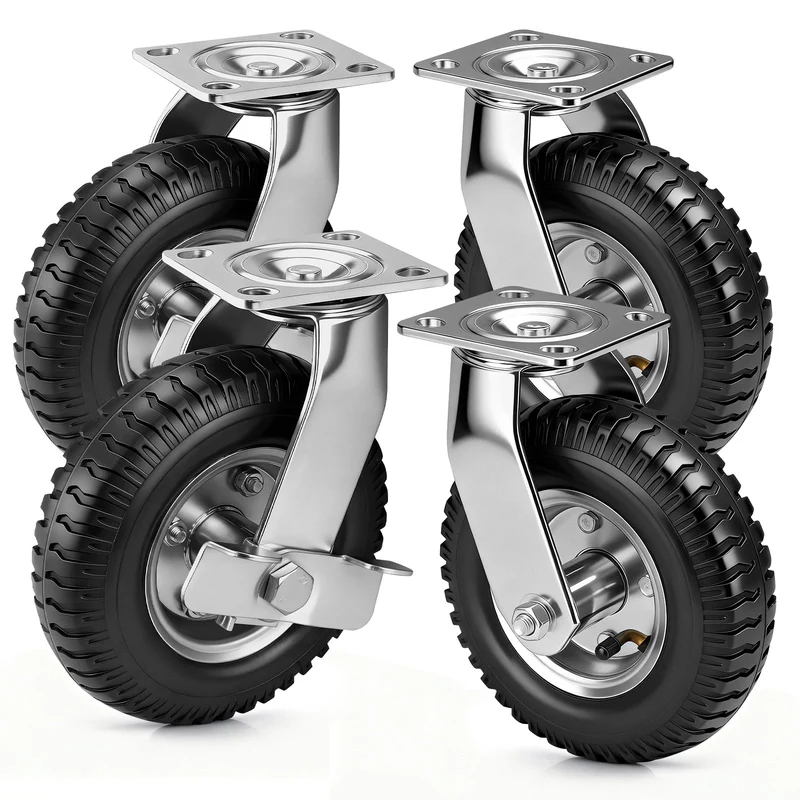 4er Set Pneumatische Rollen 200mm – 2 Bremsrollen + 2 Lenkrollen, Schwerlast & Geländegängig mit Luftbereifung