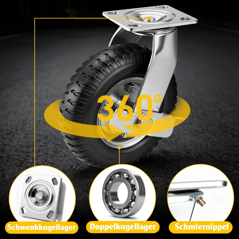 4er Set Pneumatische Rollen 200mm – 2 Bremsrollen + 2 Lenkrollen, Schwerlast & Geländegängig mit Luftbereifung