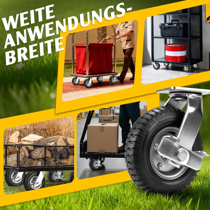 2er Set Pneumatische Lenkrollen 200mm – Geländegängig, Schwerlast, Naturkautschuk & Kugellager ohne Bremse